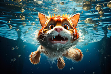 Feline aquatics, Captivating stock photo of a cat underwater in an aquarium, blending curiosity and...
