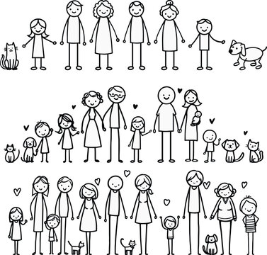 Custom Vector Stick Figure Family - Individually grouped and interchangeable stick figure set of family grandparents, parents, kids, children, teenagers, pets and hearts in hand-drawn style