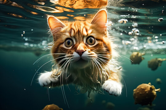 Feline aquatics, Captivating stock photo of a cat underwater in an aquarium, blending curiosity and wonder in a whimsical and unique visual moment.
