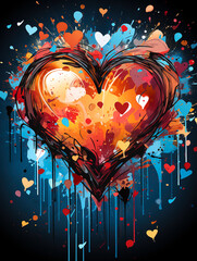 A heart drawn with paints of different colors on a dark background.