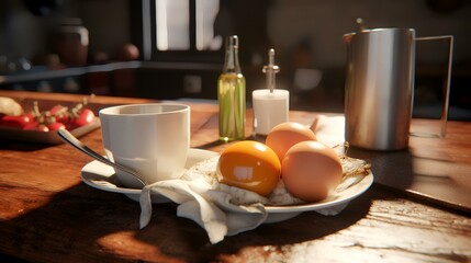 Breakfast in the kitchen. Eggs, coffee, milk, bread on a wooden table