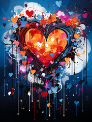 A colorful heart drawn with different colors with drips and splashes.