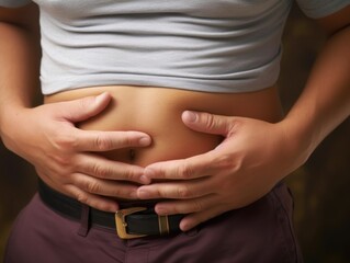 Close-up photo of man's hands holding his stomach. A man suffers from pain, spasms, poisoning, overeating.