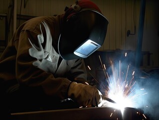 Welder close-up. Worker wearing industrial uniforms and Welded Iron Mask at Steel welding plants, industrial safety first concept.