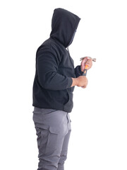 Unidentified male criminal wearing a black hoodie and covering his face holding a hammer in various poses. On a white background with cliping path. thief.weapon, crime.burglar,cat paw,burglar