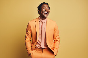 Obraz premium Joyful Young Black Man in Peach Fuzz Suit on Studio Background