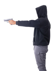 Unidentified male criminal wearing a black hoodie and covering his face, holding a pistol and...