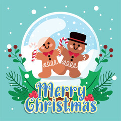 Cute christmas card with gingerbread characters within a crystal ball Vector