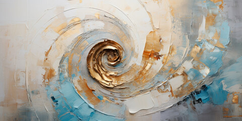 Splashes of bright paint on the canvas. Seashell. Gold, black, blue and gray colors. Interior painting. Beautiful background. Generative AI.