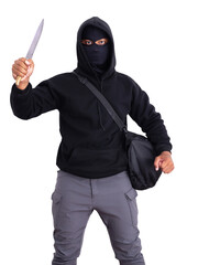 An unidentified male criminal wearing a black hoodie and covering his face, holding a sharp knife...