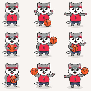 Funny Wolf Basketball cartoon set. Wolf Basketball set. Cute cartoon character vector set isolated on a white background. Cartoon animal sport. Animal cartoon. 