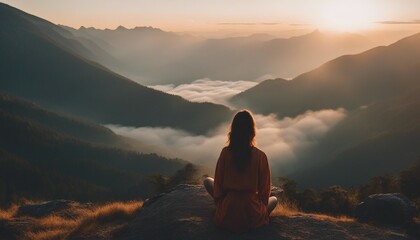 Young woman meditating at dawn on a mountain with panoramic views, back view, sunrise, foggy mountain
 - obrazy, fototapety, plakaty