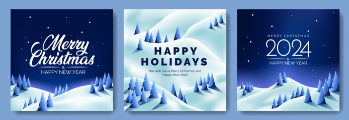 Happy Holidays, Merry Christmas and New Year greeting cards set with lettering and snowy mountain hillside forest, vector illustration