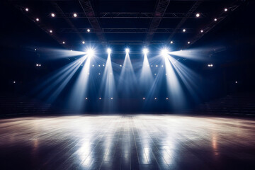 empty stage with spotlights , light and space, large hall, rays of light