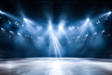 Free stage with lights. Event entertainment concept. Empty stage with blue spotlights.  - obrazy, fototapety, plakaty