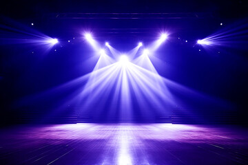 Online event entertainment concept. Background for online concert. Blue stage spotlights. Empty stage with blue spotlights. Blue stage lights.  Live streaming concert. 