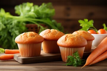 Carrot cake muffins   easy homemade recipe concept on blurred background with copy space - obrazy, fototapety, plakaty