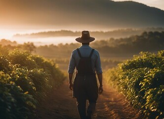 portrait of a farmer with hat through a downhill coffee field at sunrise

