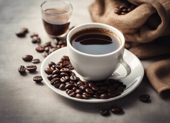 filter coffee in a porcelain cup, coffee beans, sack, decorative background 
