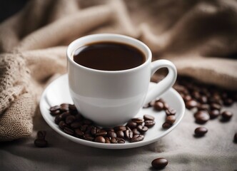 Fototapeta premium filter coffee in a porcelain cup, coffee beans, sack, decorative background 