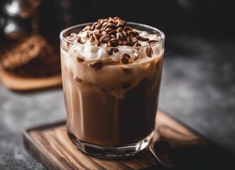 iced mocha latte on dark marble background
