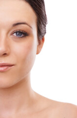 Obraz premium Portrait, half and woman in studio for makeup, wellness or cosmetic care closeup on white background space. Face, split or lady model with glowing skin satisfaction, treatment or glam beauty results