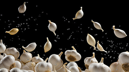 Garlic in the air isolated on black background