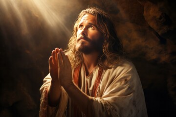 Jesus is praying in the cave with his hands raised, in the style of realistic portrait - obrazy, fototapety, plakaty
