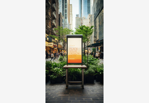 Street Billboard Frame Mockup Template in Urban Setting with Tall Buildings, Lush Greenery, and Busy Pedestrian Traffic