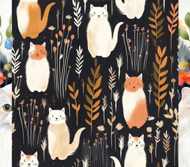 seamless pattern with cats, plants, cats, Generative AI illustration