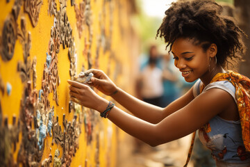 A young beautiful African American woman sculpts a pattern on the wall of a building.