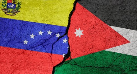 Venezuela and Jordan flags on a stone wall with a crack, illustration of the concept of a global crisis in political and economic relations