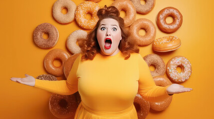 A young fat woman wants to eat baked goods - obrazy, fototapety, plakaty