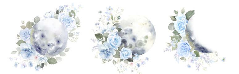 Fototapeta na wymiar watercolor floral moons, Watercolor moon phase with floral art, Mystical illustration for logo, Halloween card, poster, print, banner, sticker. Phase moon