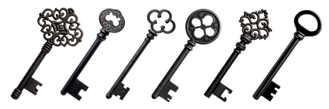 An set of different keys black color is cut out on a transparent background close-up. Keys for opening the different front doors of the house. To be inserted into a design or project.