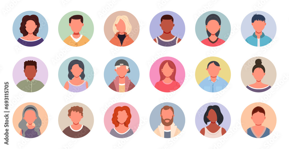 Wall mural Collection of people portraits in circles. Male and female human profile face icons. Unknown or anonymous person.  People avatars vector illustration.
