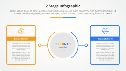 2 points stage template for comparison opposite infographic concept for slide presentation with big outline table box with circle center with flat style - obrazy, fototapety, plakaty