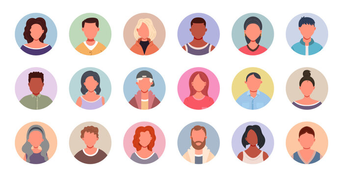 Collection of people portraits in circles. Male and female human profile face icons. Unknown or anonymous person.  People avatars vector illustration.

