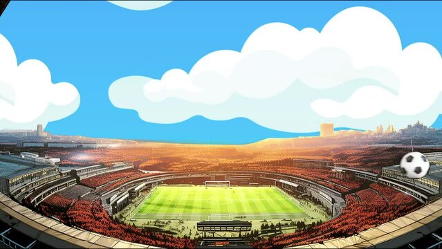 Dynamic illustration of a stadium with a game in session, vibrant crowds, and flying silhouettes against a sunset sky."