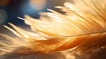 Chicken brown feather close up of bird's wing feathers. feathers floating as background texture. Closeup image of colorful fluffy feather. Minimal abstract composition with - obrazy, fototapety, plakaty