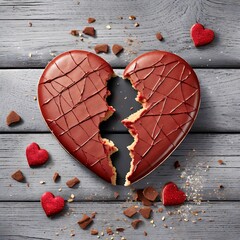Czekoladowe ciastko w kształcie serca przełamane na pół. Symbol zawodu miłosnego, rozstania