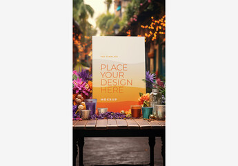 Billboard Frame Signage Mockup Template with White Board, Candles, Flowers, Building, Lights, Trees, and Bushes for Stunning Stock Images Billborad