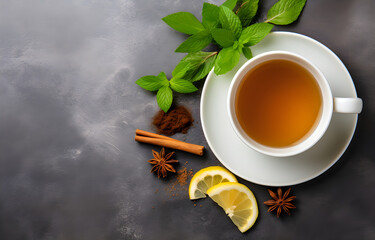 tea cup, mint herb, cinamon, vanilla on grey snowy background top view