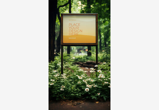 Billboard Frame Signage Mockup Template: Enchanting forest with Daisies, Path, and Sign Board Billborad Frame Signage Mockup Template