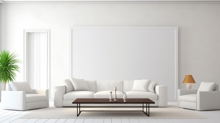 White minimalist living room interior with sofa. Scandinavian interior poster mock up