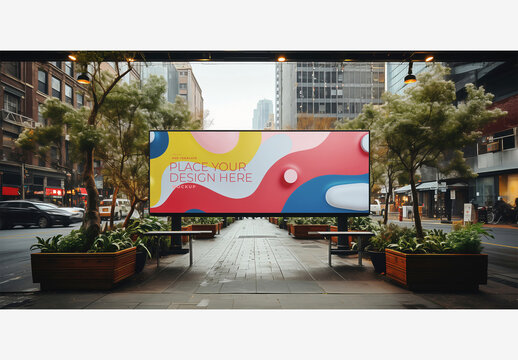 Street Billboard Frame Mockup Template with Beautiful Cityscape, Potted Plants and Benches - High-Quality Stock Image