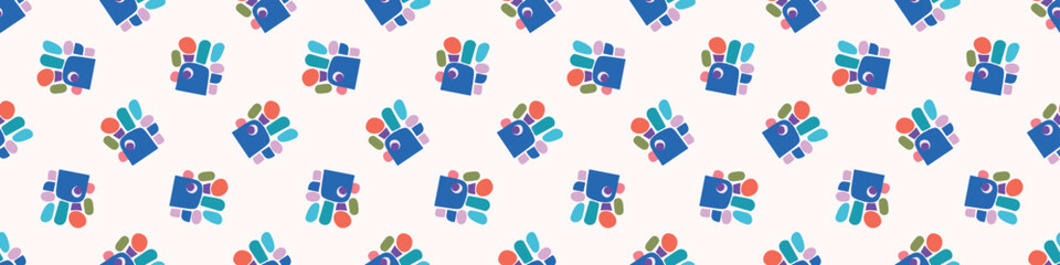 Cute scandi kids monster graphic design doodle endless vector border. Colorful creature in bright happy playful endless banner. Minimalist gender neutral art illustration.