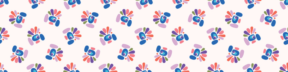 Cute scandi kids monster graphic design doodle endless vector border. Colorful creature in bright happy playful endless banner. Minimalist gender neutral art illustration.