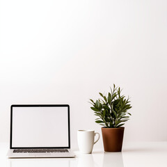 workplace, laptop on the table with plant and cup mockup with a blank screen, isolated on white background