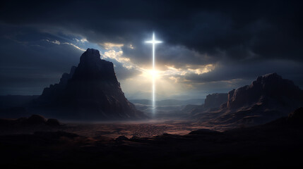 Mountains desert landscape with a bright cross in the sky. 